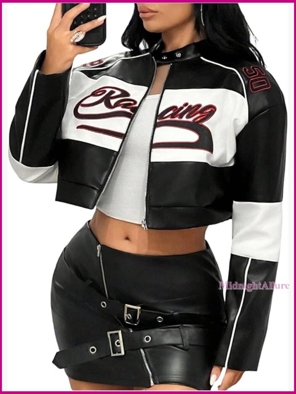Faux Leather Crop Jacket with Graphic Print, Long Sleeve, Zipper Closure